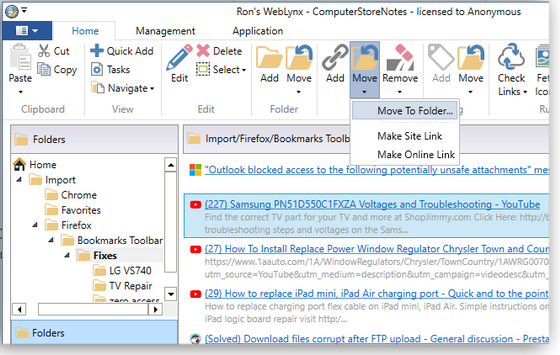 Moving links into folders