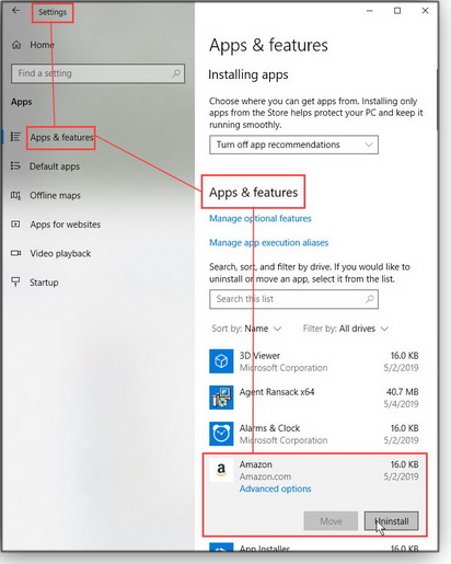 uninstall via Apps & features