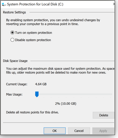 System Protection configuration window