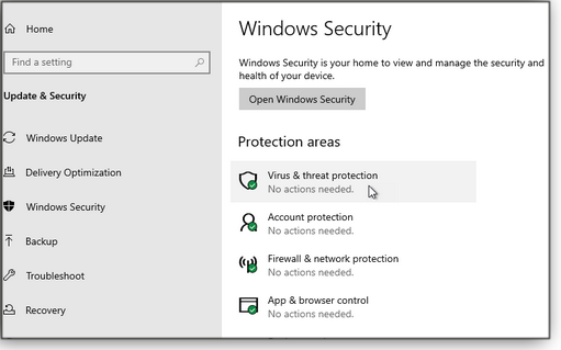 Main Windows Security section