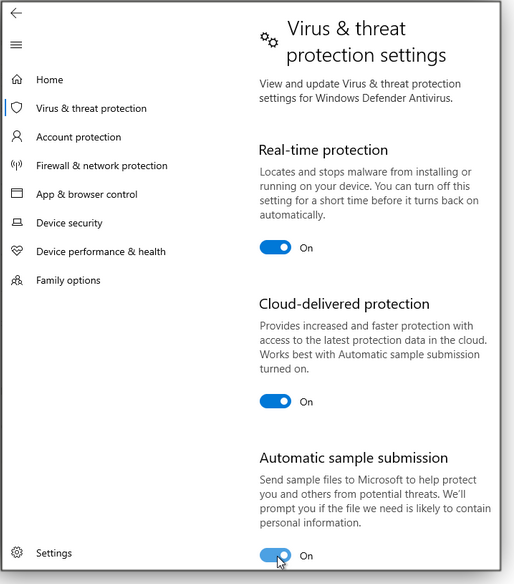 Virus & threat protection settings screen