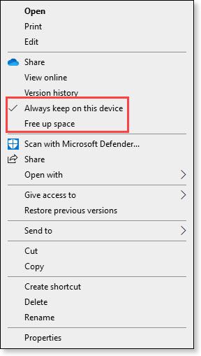 OneDrive right-click menu