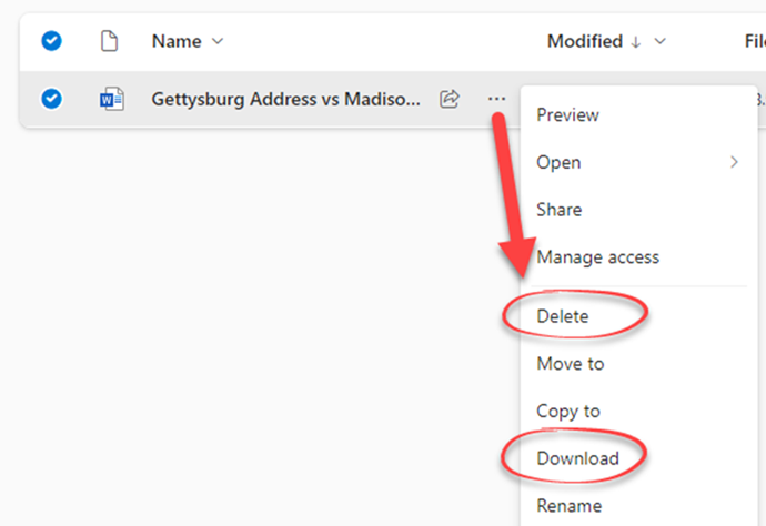 Delete or Download file from OneDrive