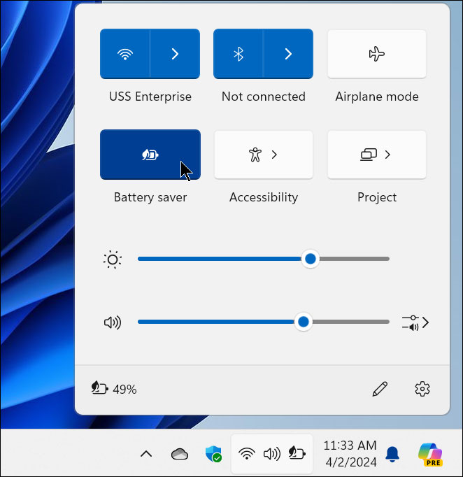 System tray battery menu