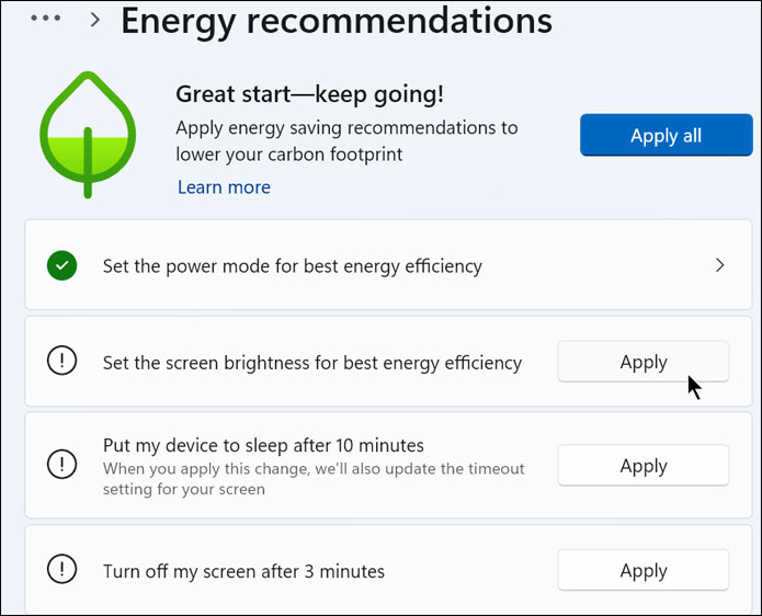 Energy recommendations