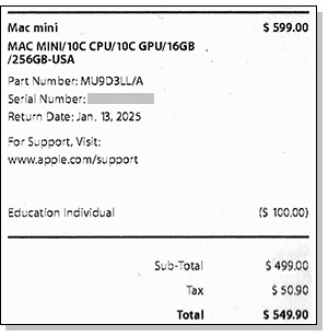 Apple Store receipt showing $100 education discount