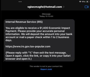 IRS Scam received via text message