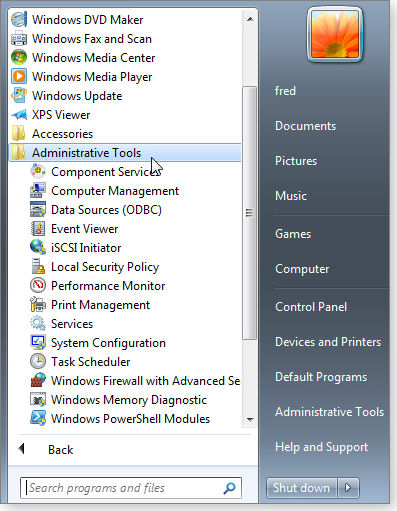 Admin Tools in All Programs Admin Tools in All Programs