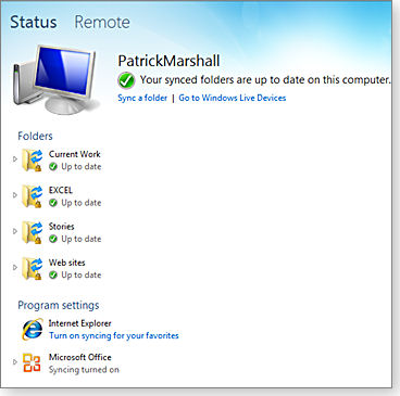 Windows Live Mesh main window Windows Live Mesh main window