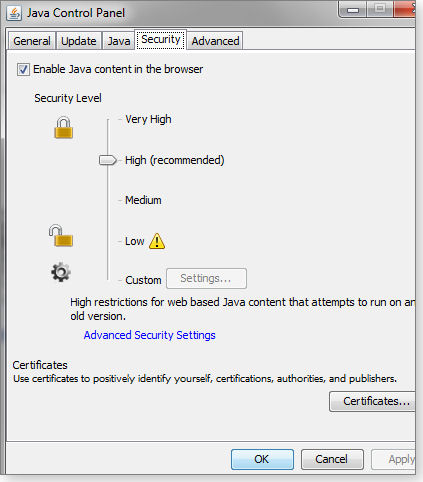 New Java Security tab New Java Security tab