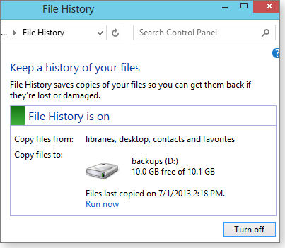File History turned on File History turned on