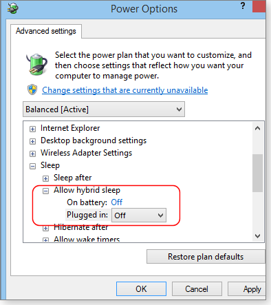 Disabling hybrid sleep Disabling hybrid sleep
