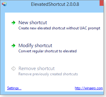 ElevatedShortcut New and Modify options ElevatedShortcut New and Modify options