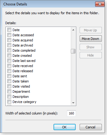 Choose Details dialog box Choose Details dialog box