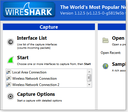Wireshark start screen Wireshark start screen