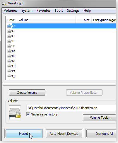 VeraCrypt encryption menu VeraCrypt encryption menu